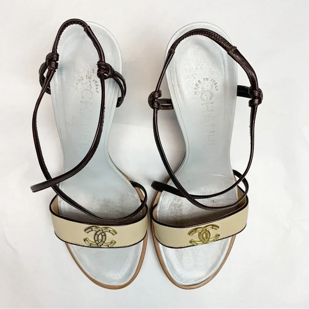 Chanel Blue / Brown Wooden Sole Strappy Heels Pumps 37 1/2 - Picture 3 of 13